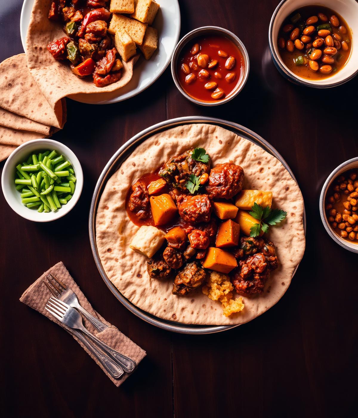 Vibrant Ethiopian beyaynetu platter with colorful stews on fresh injera